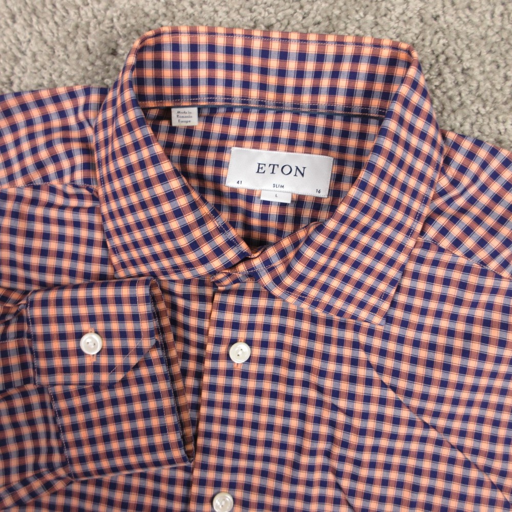 ETON Shirt Mens Large 16 41 Orange Gingham Check Slim Fit Cotton Dress Button Up